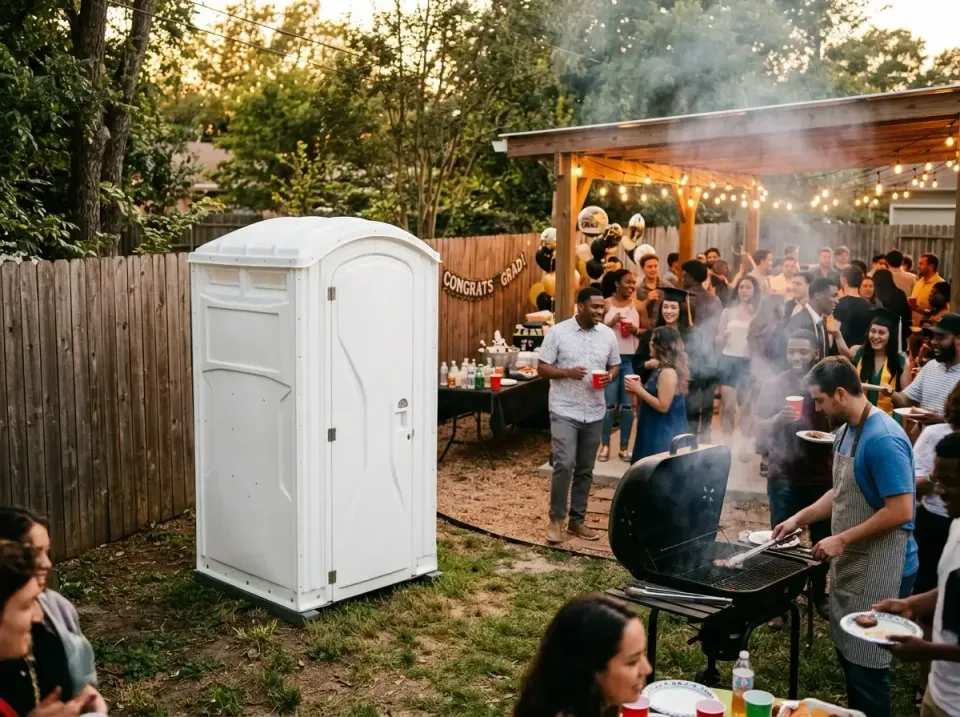 White Portable Restroom — Residential Backyard White Portable Restroom — Residential Backyard